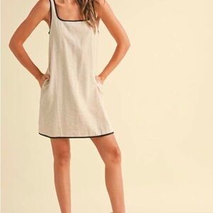 Sleeveless Linen Beige Mini Dress with Black Trim